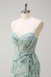 Sparkly Sage Spaghetti Straps Mermaid Long Sequin Formal Dress with Slit