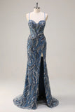 Sparkly Sage Spaghetti Straps Mermaid Long Sequin Formal Dress with Slit