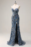 Sparkly Sage Spaghetti Straps Mermaid Long Sequin Formal Dress with Slit