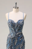 Sparkly Sage Spaghetti Straps Mermaid Long Sequin Formal Dress with Slit