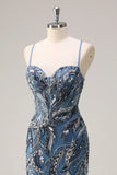 Sparkly Sage Spaghetti Straps Mermaid Long Sequin Formal Dress with Slit