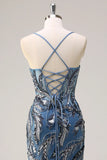 Sparkly Sage Spaghetti Straps Mermaid Long Sequin Formal Dress with Slit