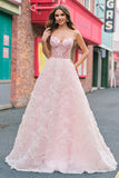 Sparkly Princess Pink Strapless Corset Floral Long Formal Dress With Sequins