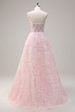 Sparkly Princess Pink Strapless Corset Floral Long Formal Dress With Sequins