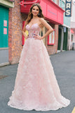 Sparkly Princess Pink Strapless Corset Floral Long Formal Dress With Sequins