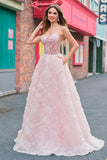 Sparkly Princess Pink Strapless Corset Floral Long Formal Dress With Sequins