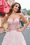 Sparkly Princess Pink Strapless Corset Floral Long Formal Dress With Sequins