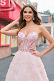 Sparkly Princess Pink Strapless Corset Floral Long Formal Dress With Sequins