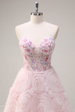 Sparkly Pink Princess Strapless Floral Corset Long Formal Dress With Sequins