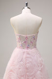 Sparkly Pink Princess Strapless Floral Corset Long Formal Dress With Sequins