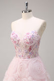 Sparkly Pink Princess Strapless Floral Corset Long Formal Dress With Sequins