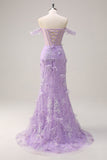 Lilac Off the Shoulder Mermaid Long Corset Formal Dress with 3D Flowers