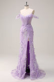 Lilac Off the Shoulder Mermaid Long Corset Formal Dress with 3D Flowers