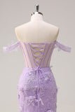 Lilac Off the Shoulder Mermaid Long Corset Formal Dress with 3D Flowers