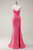 Sparkly Hot Pink Sequin Corset Mermaid Formal Dress with Slit