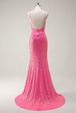 Sparkly Hot Pink Sequin Corset Mermaid Formal Dress with Slit