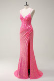 Sparkly Hot Pink Sequin Corset Mermaid Formal Dress with Slit