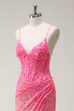 Sparkly Hot Pink Sequin Corset Mermaid Formal Dress with Slit