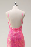 Sparkly Hot Pink Sequin Corset Mermaid Formal Dress with Slit