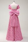 Fuchsia Square Neck A-Line Bow Floral Formal Dress with Slit