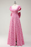 Fuchsia Square Neck A-Line Bow Floral Formal Dress with Slit