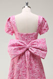 Fuchsia Square Neck A-Line Bow Floral Formal Dress with Slit