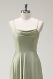 Dusty Sage A Line Satin Spaghetti Straps Long Bridesmaid Dress