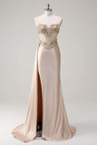 Champagne Strapless Mermaid Satin Side Cape Formal Dress with Sequins