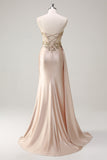 Champagne Strapless Mermaid Satin Side Cape Formal Dress with Sequins