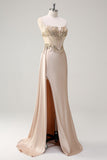 Champagne Strapless Mermaid Satin Side Cape Formal Dress with Sequins