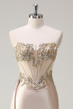 Champagne Strapless Mermaid Satin Side Cape Formal Dress with Sequins