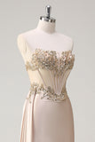 Champagne Strapless Mermaid Satin Side Cape Formal Dress with Sequins