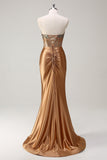 Brown Sweetheart Beaded Mermaid Satin Formal Dress with Slit