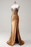 Brown Sweetheart Beaded Mermaid Satin Formal Dress with Slit