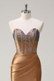 Brown Sweetheart Beaded Mermaid Satin Formal Dress with Slit