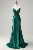 Sparkly Dark Green Mermaid Spaghetti Straps Corset Beaded Formal Dress with Slit