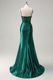 Sparkly Dark Green Mermaid Spaghetti Straps Corset Beaded Formal Dress with Slit