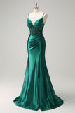 Sparkly Dark Green Mermaid Spaghetti Straps Corset Beaded Formal Dress with Slit