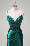 Sparkly Dark Green Mermaid Spaghetti Straps Corset Beaded Formal Dress with Slit