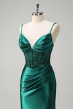 Sparkly Dark Green Mermaid Spaghetti Straps Corset Beaded Formal Dress with Slit