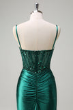 Sparkly Dark Green Mermaid Spaghetti Straps Corset Beaded Formal Dress with Slit