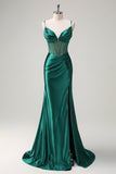 Sparkly Dark Green Mermaid Spaghetti Straps Corset Beaded Long Formal Dress with Slit