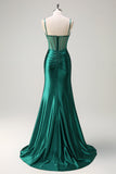 Sparkly Dark Green Mermaid Spaghetti Straps Corset Beaded Long Formal Dress with Slit