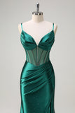 Sparkly Dark Green Mermaid Spaghetti Straps Corset Beaded Long Formal Dress with Slit