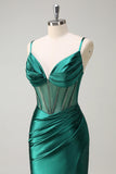 Sparkly Dark Green Mermaid Spaghetti Straps Corset Beaded Long Formal Dress with Slit