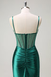 Sparkly Dark Green Mermaid Spaghetti Straps Corset Beaded Long Formal Dress with Slit