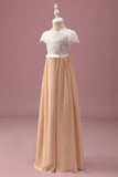 Champagne A Line Lace Junior Bridesmaid Dress With Short Sleeves