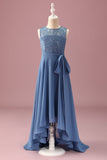 Dusty Blue A Line Lace Chiffon Ruffles Junior Bridesmaid Dress With Belt