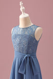 Dusty Blue A Line Lace Chiffon Ruffles Junior Bridesmaid Dress With Belt