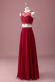 Burgundy Lace Round Neck A Line Long Junior Bridesmaid Dress with Crop Top